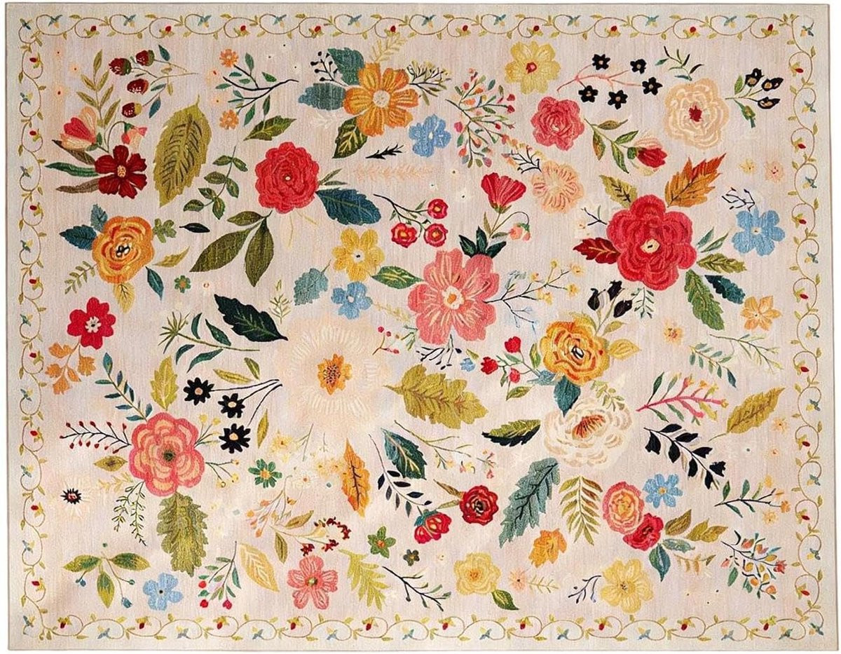 Meerkleurig Bloementapijt - Boho Decoratief Vloerkleed - Rechthoekig en Wasbaar