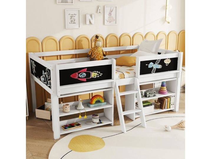 Lit superposé enfant 90 x 200 cm avec rangement échelle barrières de sécurité et planche à dessin - Blanc