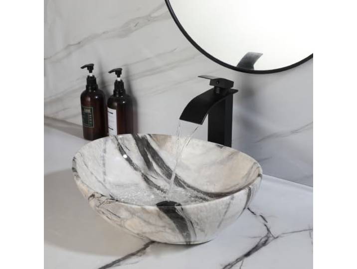 MEKKHALA 40,6 x 33 cm Marmorier-Spülbecken-Set, oval, 40,6 x 33 cm Keramik-Waschbecken, mit schwarzem Wasserhahn und Abfluss, oberhalb der Theke, Waschbecken für modernes Badezimmer