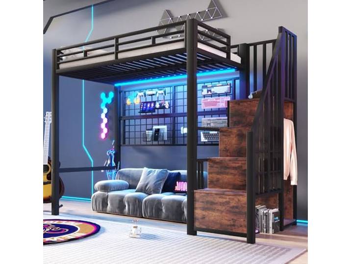 Merax Hochbett 90x200 cm Metallbett mit Treppenregal & Schrank, Platzsparendes Jugendbett mit LED-Beleuchtung, Gitterwand und offener Raum, Multifunktionales Bettgestell (ohne Matratze), Schwarz