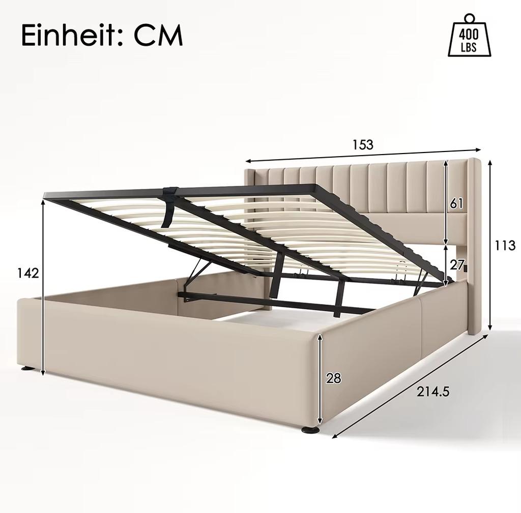Hydraulikbett - Gepolstertes Doppelbett - 140 x 200 cm - Stauraum - Holzlattenrost - Stoffbezug - Beige