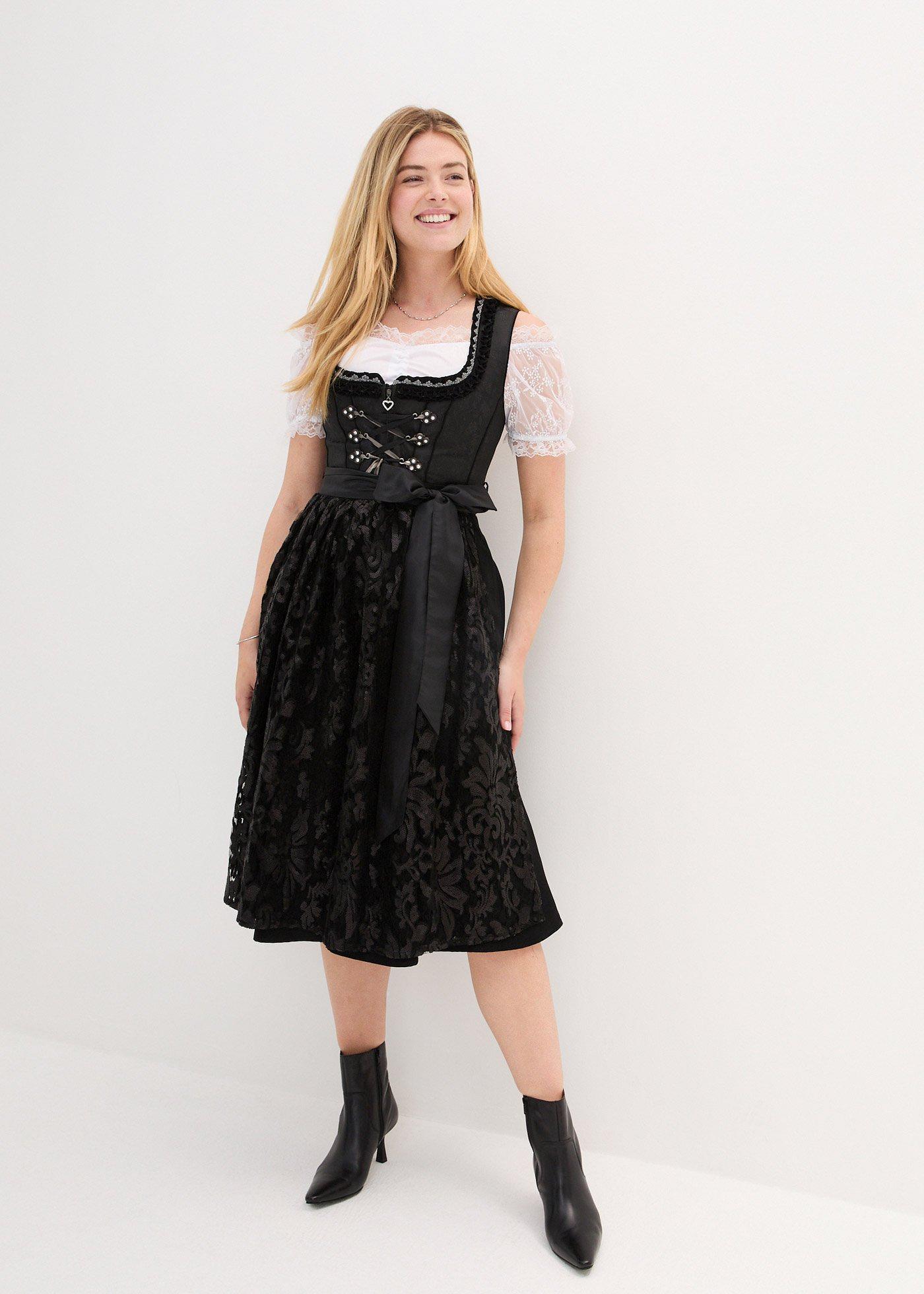 bonprix Dirndl mit Pailletten Schürze (2-tlg.Set), schwarz, Gr.42, Glänzendes Dirndl mit Pailletten-Schürze und Schnürung