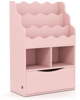 Costway Kids Bookcase with 3-Tier Sling Bookshelf with Shelves Open Cubes and Flip Down Cabinet-Pink