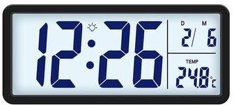 Everyday Crate Large Display LCD Wall Clock With Indoor Thermometer & Night Backlight black