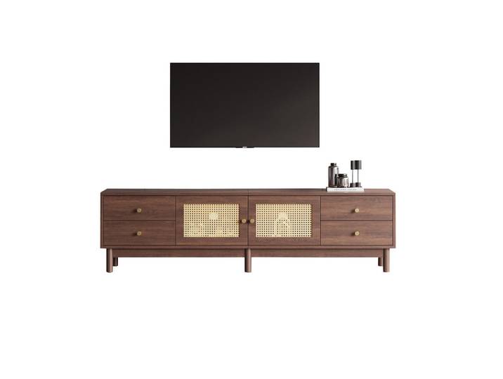 Modfu Tv-Schrank aus Holzwerkstoff 180x35x44 cm Braun mit Rattantüren, 4 Schubladen, Kabelmanagement und hydraulischen Scharnieren, Rotbraun, 180x44x35 cm, Wohnzimmer, TV Möbel, Lowboards, Lowboards stehend