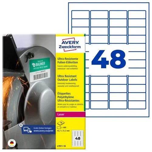 AVERY Zweckform 480 resistente Folienetiketten L7911-10 weiß 45,7 x 21,2 mm