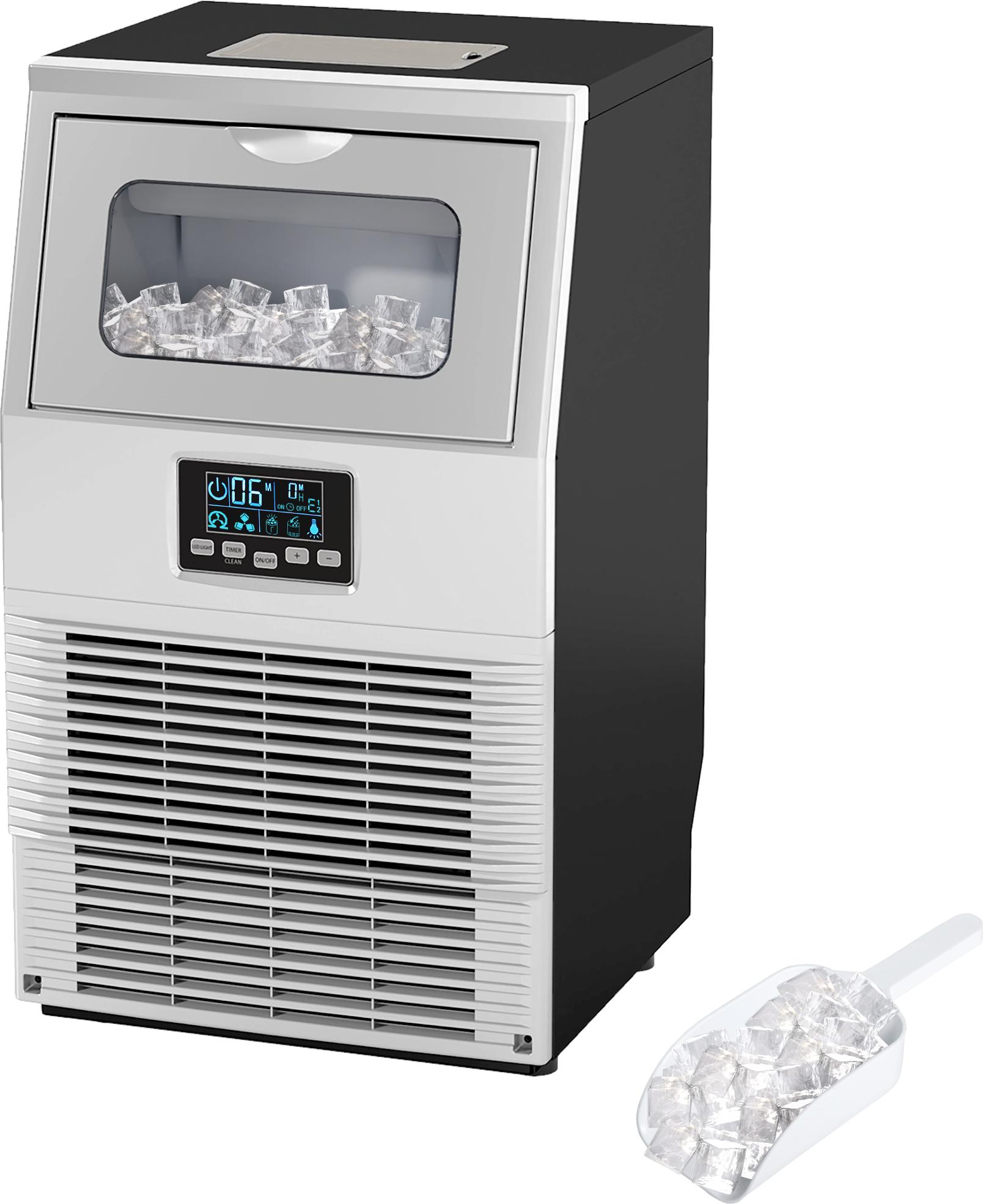 Kommerzielle Eiswürfelmaschine, LED-Beleuchtung, leicht lesbare Anzeigen, mit Schaufel, Silber