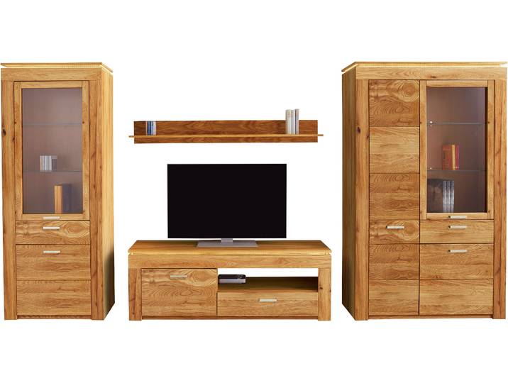 Wohnwand VOGL MÖBELFABRIK, braun (wildeiche teilmassiv), Kastenmöbel-Sets, Wohnwand, Set 4 tlg. besteht aus 2 Vitrinen, 1 Lowboard und 1 Wandregal