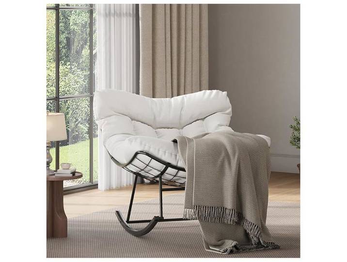 Fauteuil œuf Papasan bascule surdimensionné - Coussin large - Métal robuste - Patio balcon terrasse - Noir + blanc