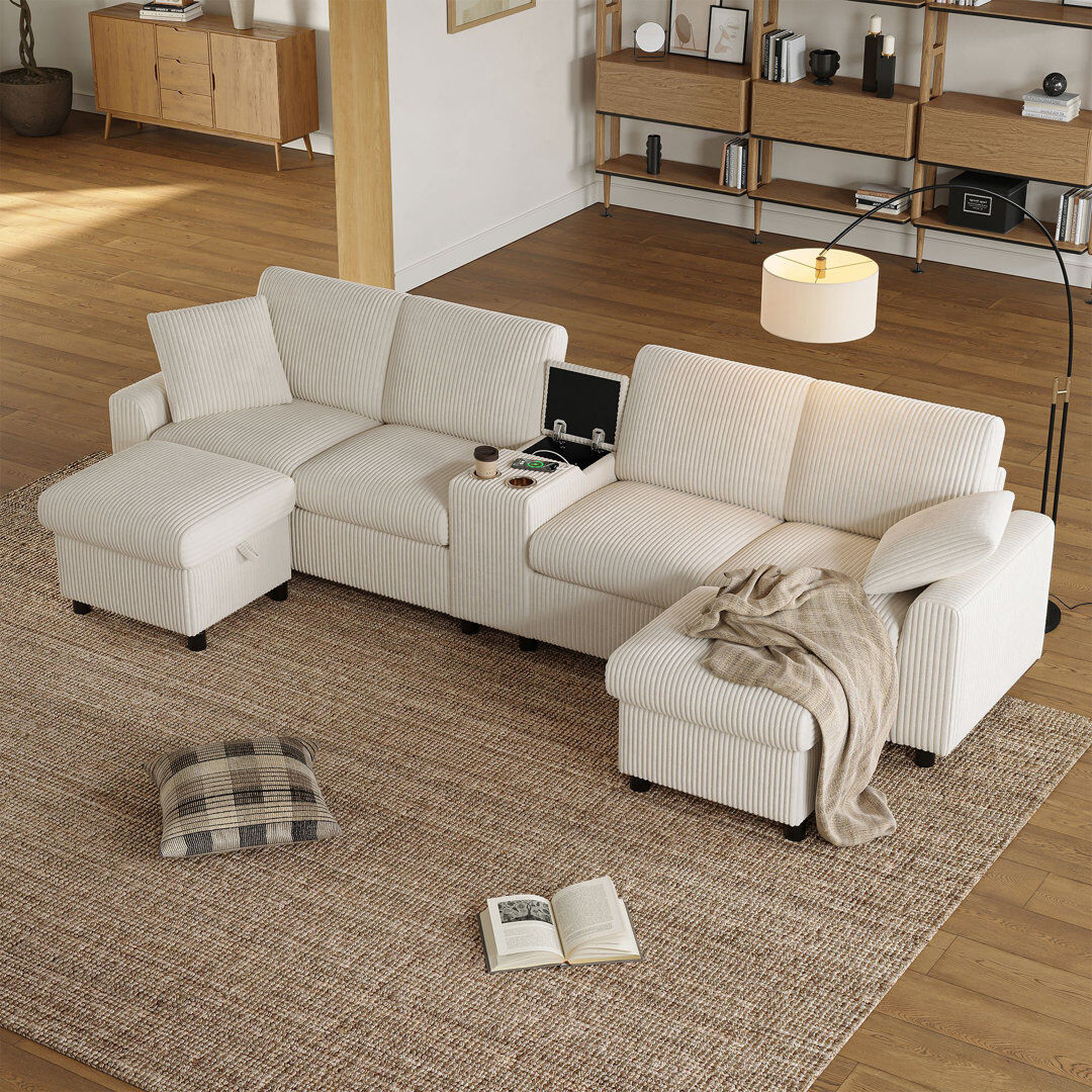 Brayden Studio 6 Seater Corduroy Sectional Beige 81cm H X 315cm W X 135cm D