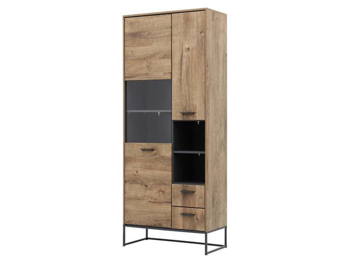 Vitrine, Graphit & Eiche, 79x196x38 cm, Holzwerkstoff, 9 Fächer & 2 Schubladen, Modern, Livetastic