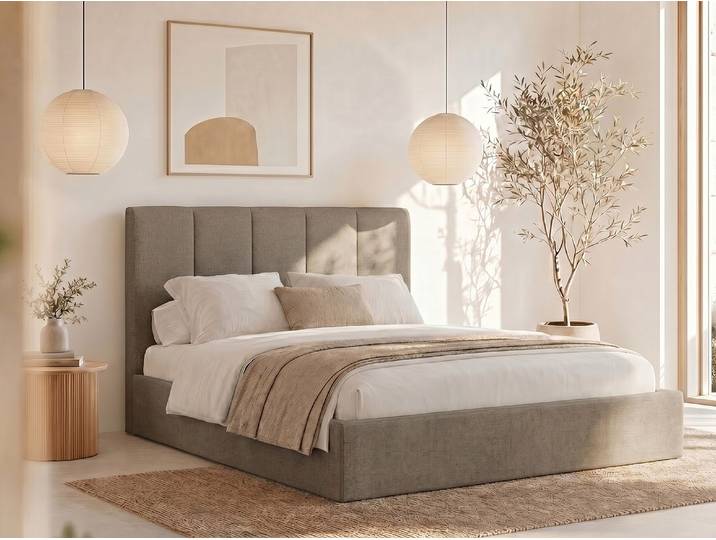 Bett mit Bettkasten & Kopfteil mit vertikalen Ziernähten - 180 x 200 cm - Stoff - Taupe - KILACLO