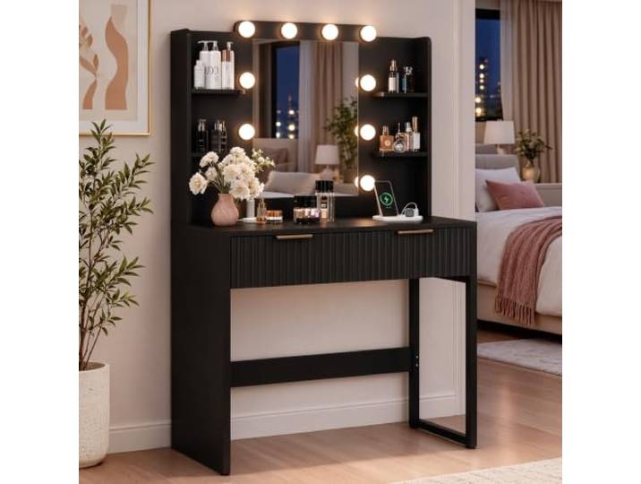 LEADZM Schminktisch mit Beleuchtung und Spiegel, Steckdose (Schwarz） 85 x 40 x 135 cm, Massivholzkern, Feuchtigkeitsfest, Langlebig, Formstabil, 10 LED, 2 Schubladen, 4 Fächer, Vanity Table