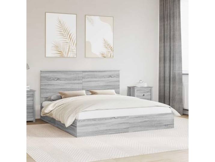 Stauraum Bettgestell modernes Minimalismus Design Holzwerkstoff Grau 200 x Aufbewahrungsbett Graues Sonoma 200 x cm Holzwerkstoff mit Schubladen, Lattenrost und Kopfteil, Stauraum-Bettgestell für