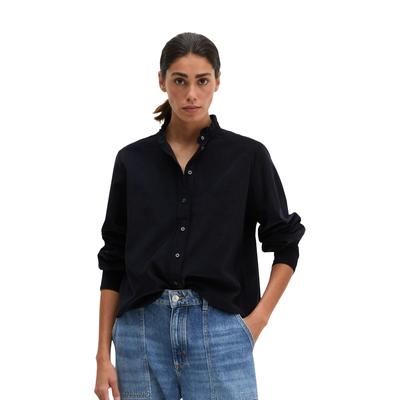Langarmbluse MARC O'POLO "in samtiger Cord-Qualität", Damen, Gr. 42, schwarz (martime blau), Obermaterial: 79% Baumwolle, 21% Lyocell, unifarben, regular fit bauchfrei, Manschette, Blusen