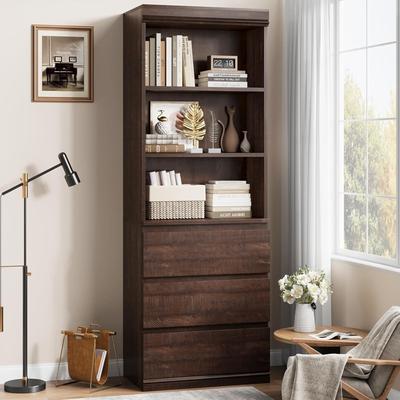 Garvee 70in Tall Bookcase with Storage Drawers and 3-Tier Open Shelf, Morden Wooden Storage Bookshelf