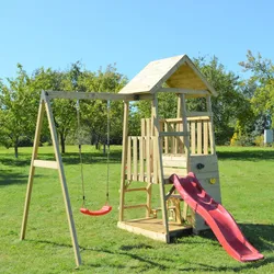 Wendi Toys Kinderspielhaus, Kletterturm "Gorilla" mit Rutsche, Kletterwand, Sitzecke und Schaukel,holz / rot,