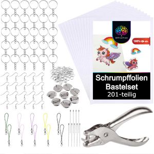 OfficeTree Schrumpffolie 7159, A5, Set mit 20 Folien, Lochzange, Anhängern & Ketten, 201 Teile