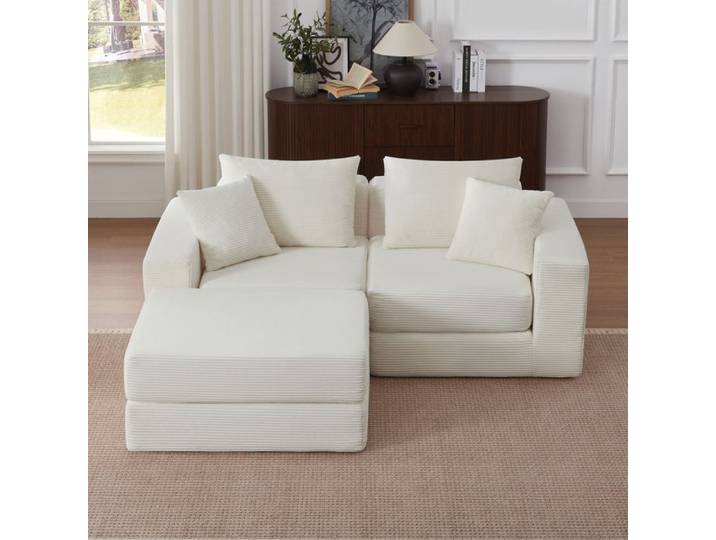Canapé modulable d'angle 3 places – blanc – tissu cord – convertible