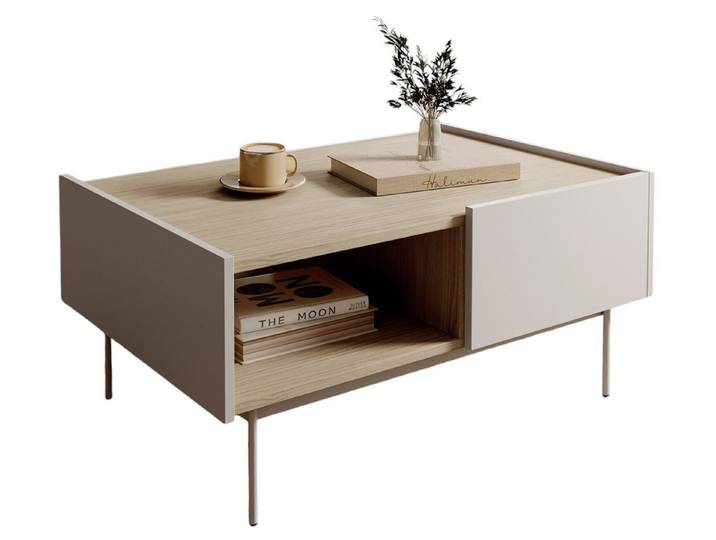 Compleo Couchtisch ZOTI mit 2 Schubladen, Scandi, Füße aus Metall, Rot oder Beige