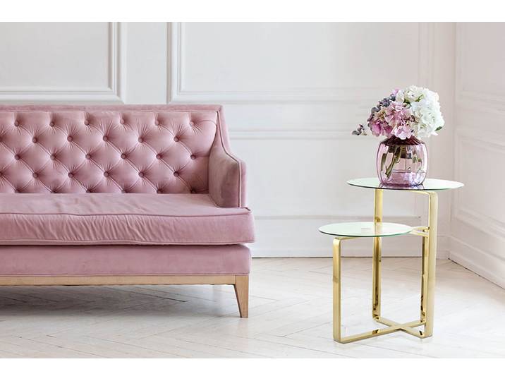Beistelltisch KAYOOM Catrice 125, Ausgefallenes Gestell aus stabilem Edelstahl , gold, B:59cm H:60cm T:59cm, Tischplatte:100% Glas / Gestell:Edelstahl, Tische, Beistelltisch, ausgefallenes Gestelldesign aus Edelstahl, zwei Ablageflächen