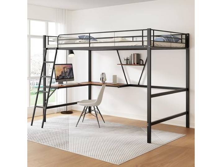 FAVSH Hochbett 90x200 cm mit L-förmigem Schreibtisch und Regal, stabiles Metallbett mit integriertem Arbeitsplatz, Kinderbett Jugendbett für Kinder, Jugendliche und Erwachsene, Schwarz