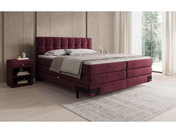 Boxspringbett Isabell mit Stauraum in Samt - 140x200 - Bordeaux - H2 (bis 70kg) - Luxusbetten24