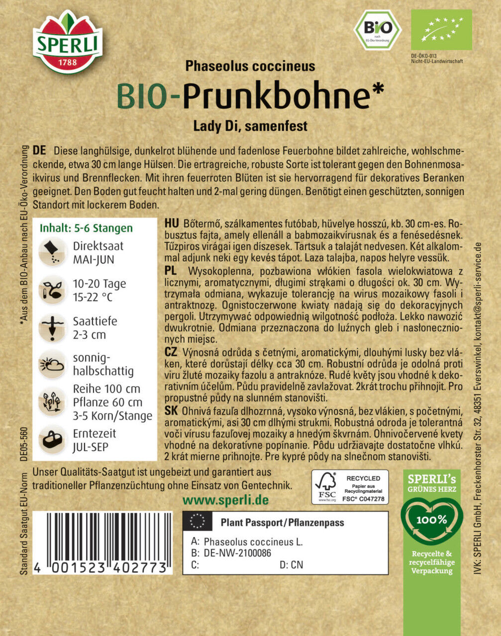 Sperli Saatgut BIO Prunkbohnen für ca. 5-6 Stangen