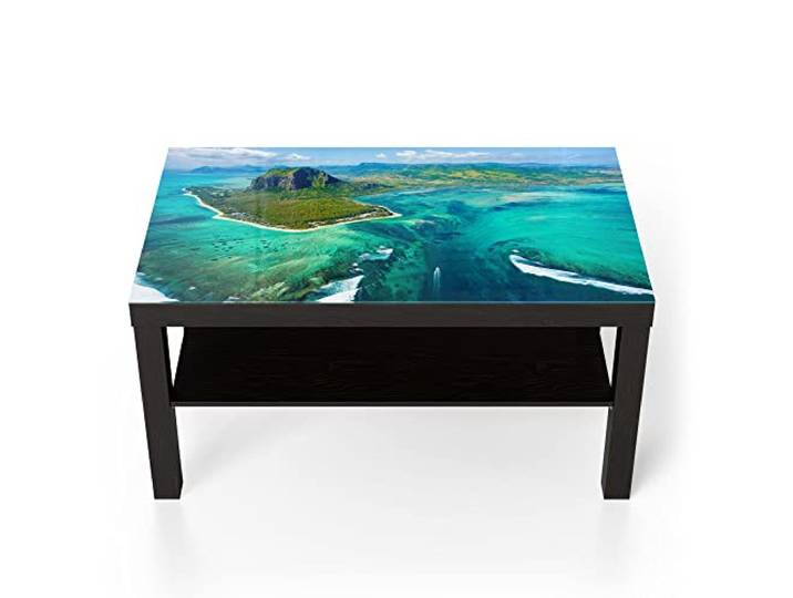 DEQORI Glastisch schwarz groß 90x50 cm Motiv Mauritius aus der Luft ausgefallener Beistelltisch aus Glas Hochglanz Couchtisch fürs Wohnzimmer moderner Couch Tisch mit Design