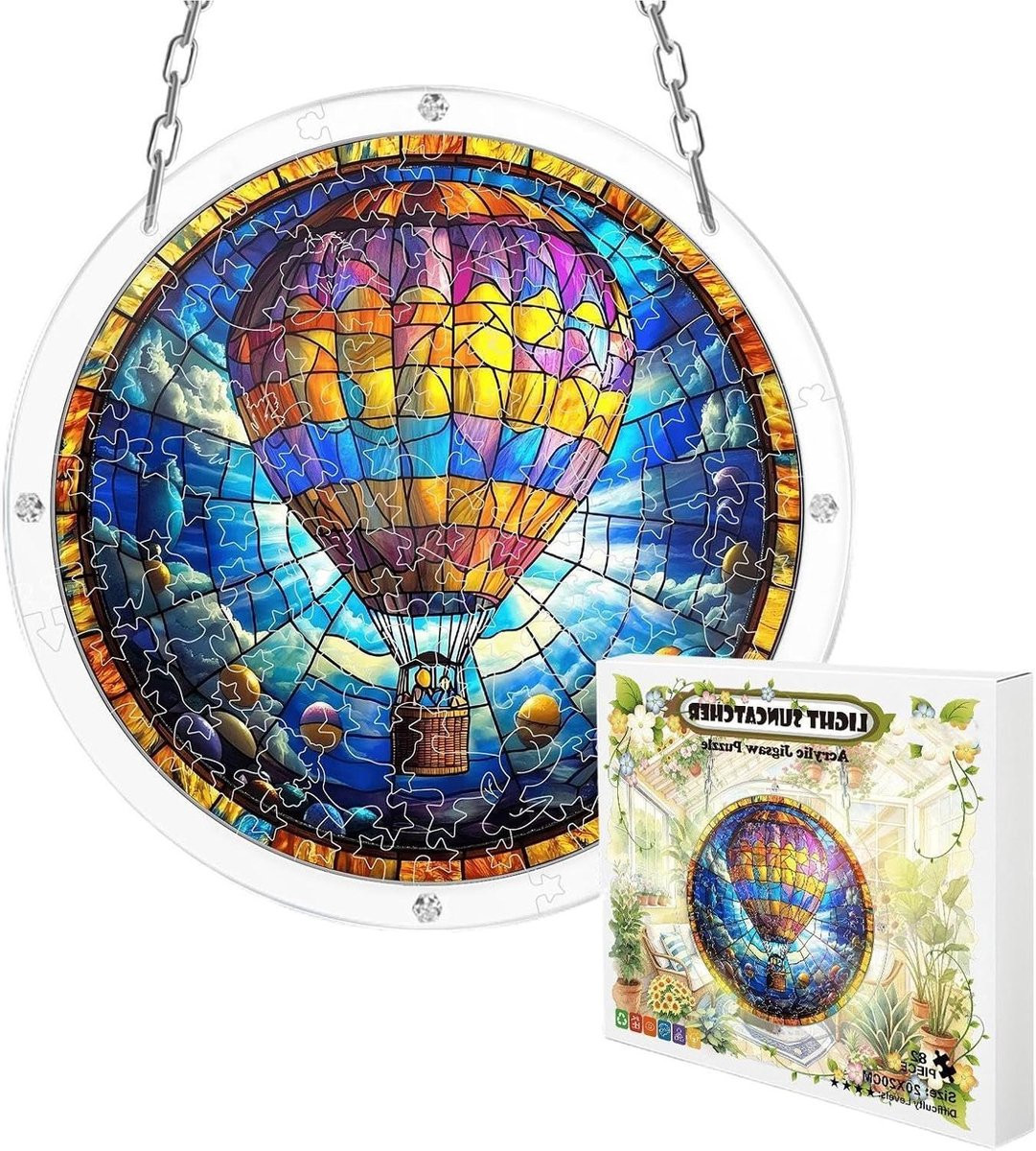 Glas-in-lood Raam Zonvanger met Heteluchtballon Patroon - Gekleurde Wanddecoratie