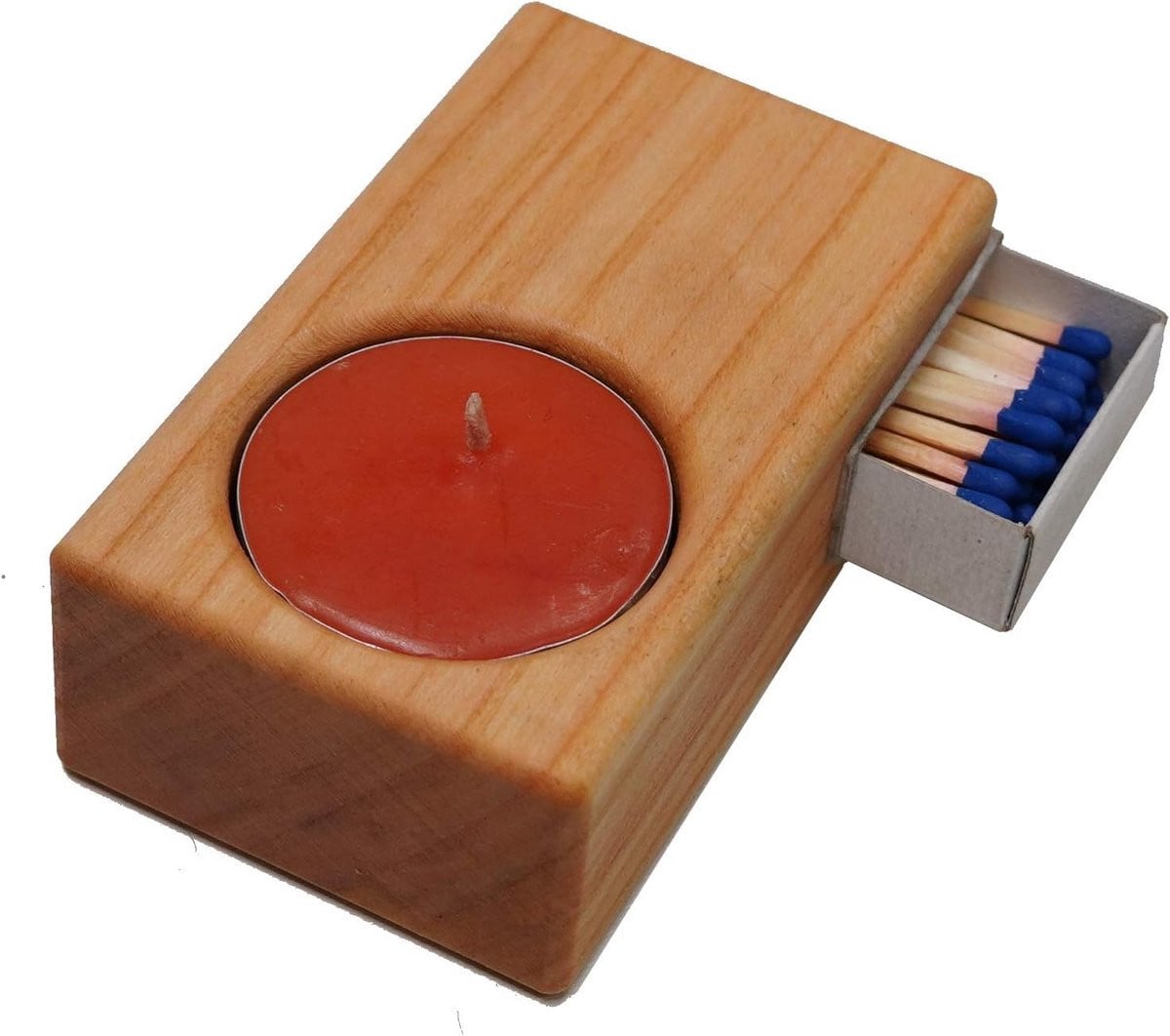 Natuurlijke houten theelichthouder met luciferklem