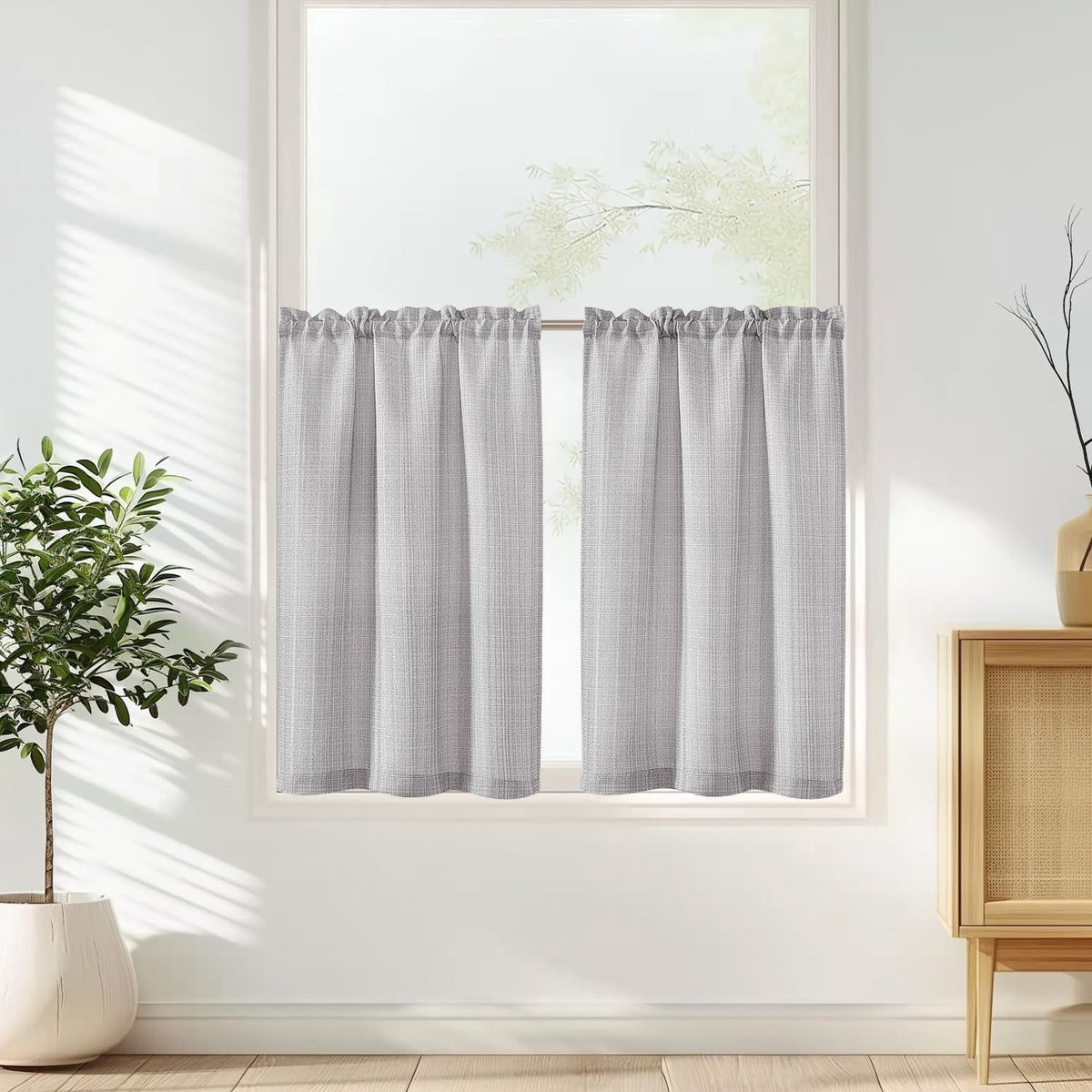 Omgoods Vangao Bistro Gordijnen Set van 2 Lichtgrijs Semi-transparant B/D/H: 70 x 90 cm