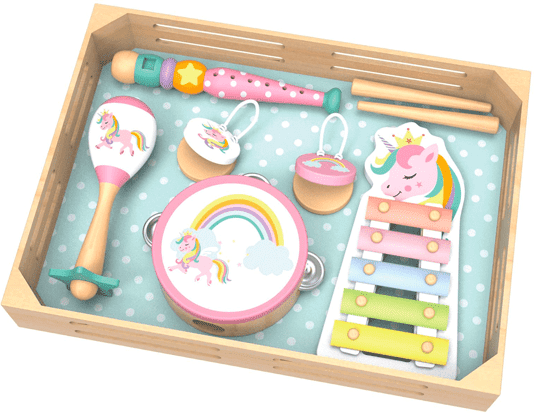Tooky Toys Tooky Toy's Wooden Musical Instrument Set - Unicorn for Kids, Ages 3 and Up, Includes 5 Instruments and Storage Box
