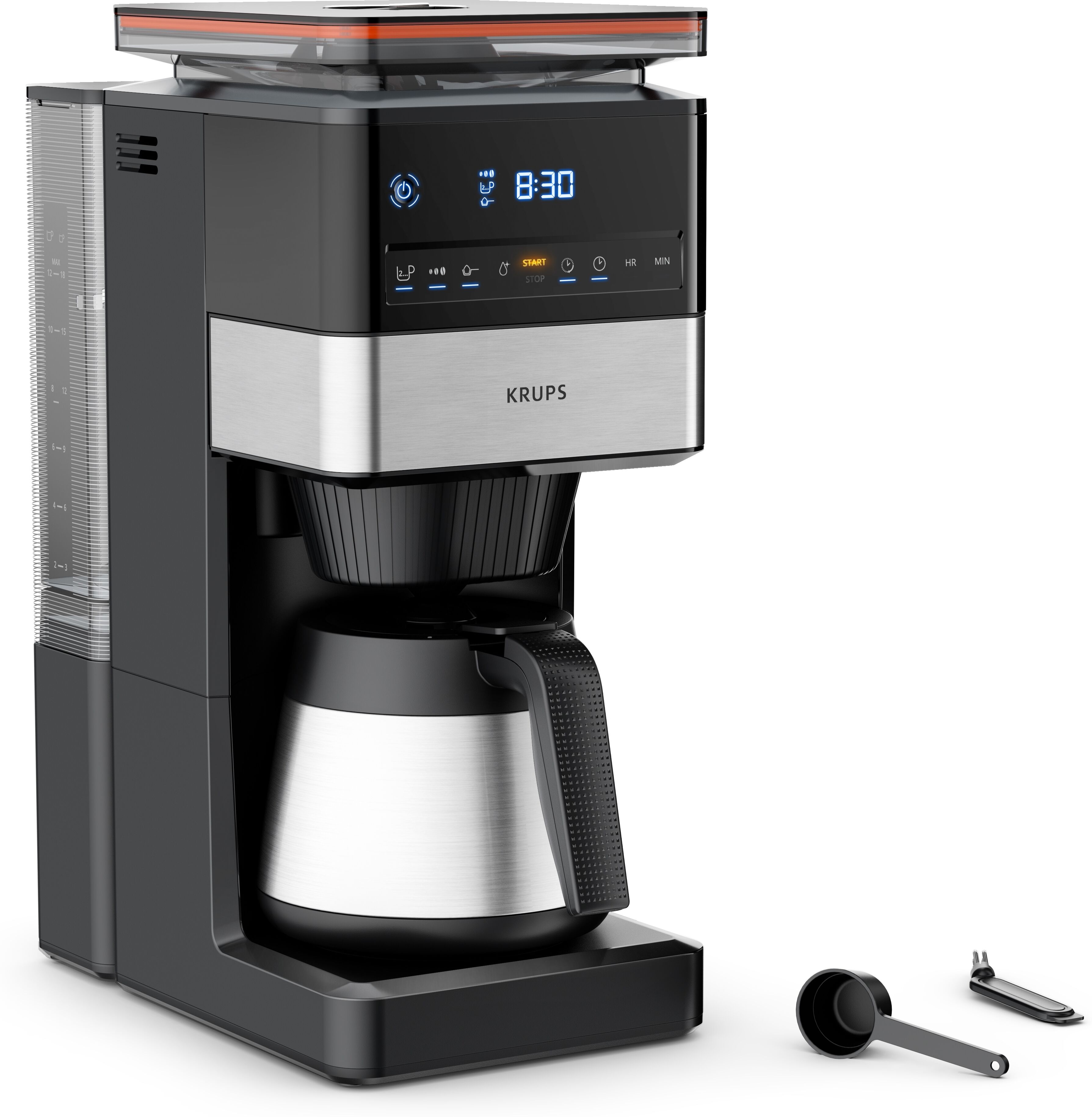 Krups Filterkaffeemaschine "KT8428 Grind Aroma XL", schwarz (schwarz, edelstahl), 1,25 l, 15, Kaffeemaschinen, Kegelmahlwerk, digitales Bedienfeld, 1,25 l, 4h warm dank Isolierkanne, Filterkaffeemaschine
