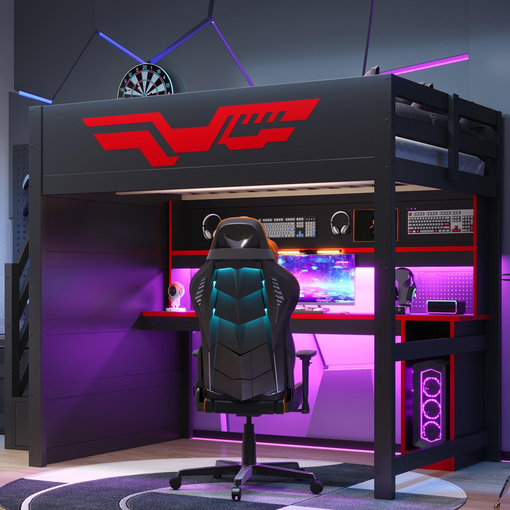 Merax Gaming Hochbett 140x200 cm, Etagenbett mit Schreibtisch, LED Beleuchtung, USB Anschluss, Stauraum Treppe, Kinderbett Jugendbett, Schwarz