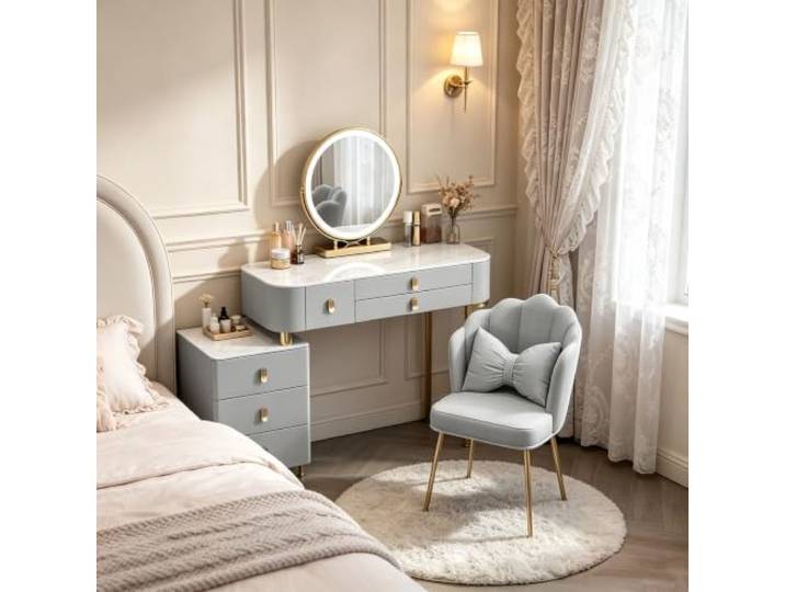 Locuetyn Kunstleder Schminktisch Set mit 3-Farben LED Beleuchtetem Spiegel & Muschelstuhl, Frisiertisch mit Ausziehbarem 3-Schubladen Schrank