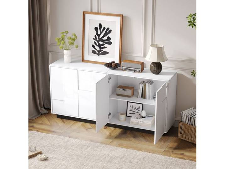 Buffet bas AESVAR 160 cm 4 portes 2 étagères finition brillante blanc et noir