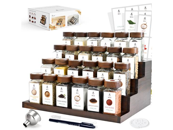 SIAZIH Ensemble de 24 bouteilles à épices de 120 ml avec plateau en bois d'acacia 2-en-1, 120 étiquettes pour une organisation de cuisine compacte