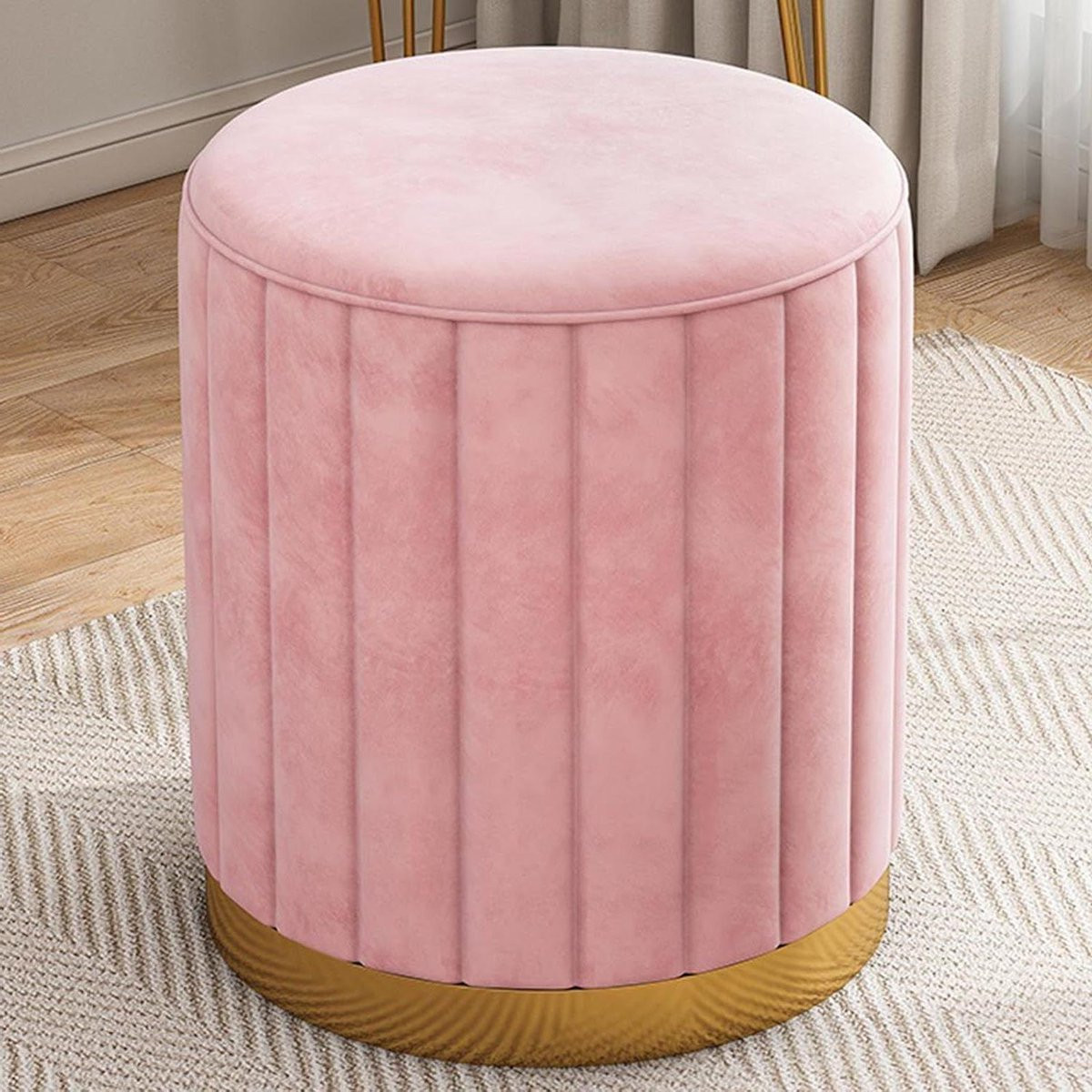 Moderne ronde fluwelen opbergpoef met afneembaar deksel in het roze