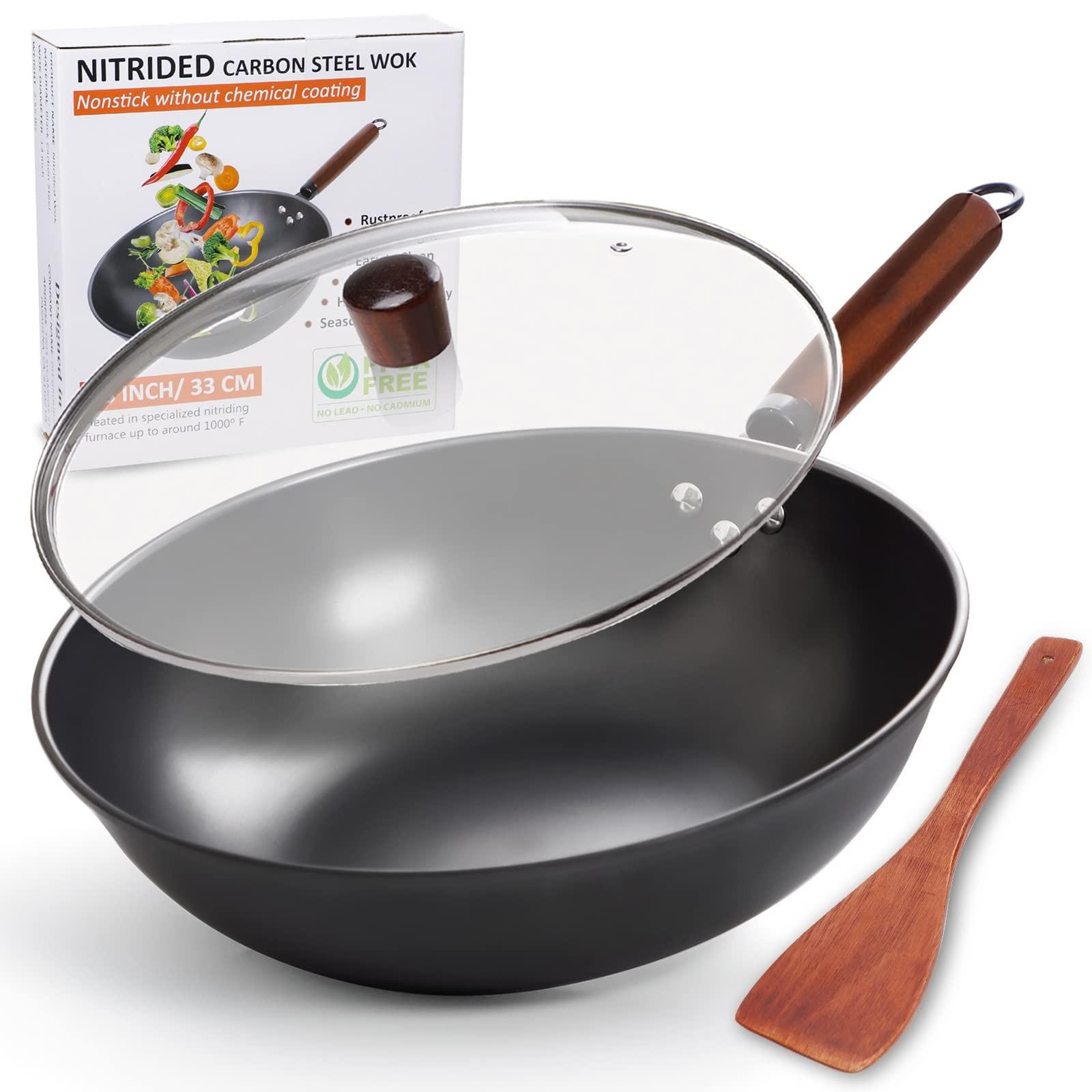 Solidchoice Carbon Stalen Wok met Deksel 33 cm voor Roerbakken