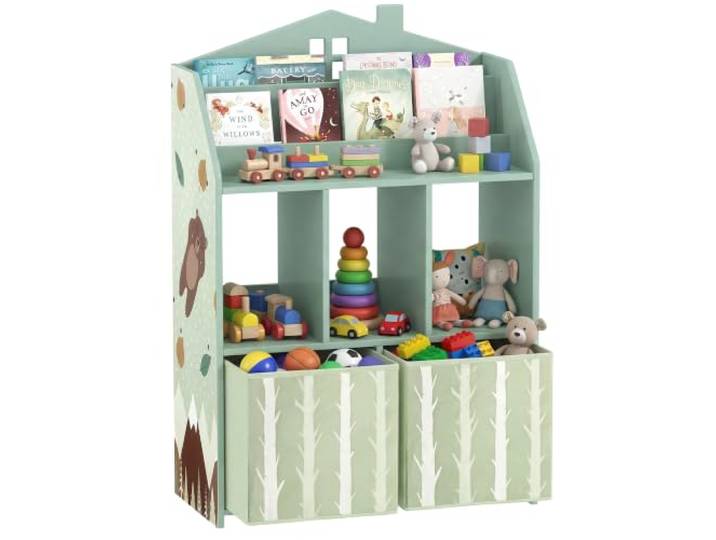 AIYAPLAY Meuble Rangement Enfant Forme de Maison Motif d'ours Vert Bibliothèque Enfants\, Étagères Ouvertes 2 Tiroirs en Tissu\, Rangement Jouet\, pour Chambre\, Salle de Jeu