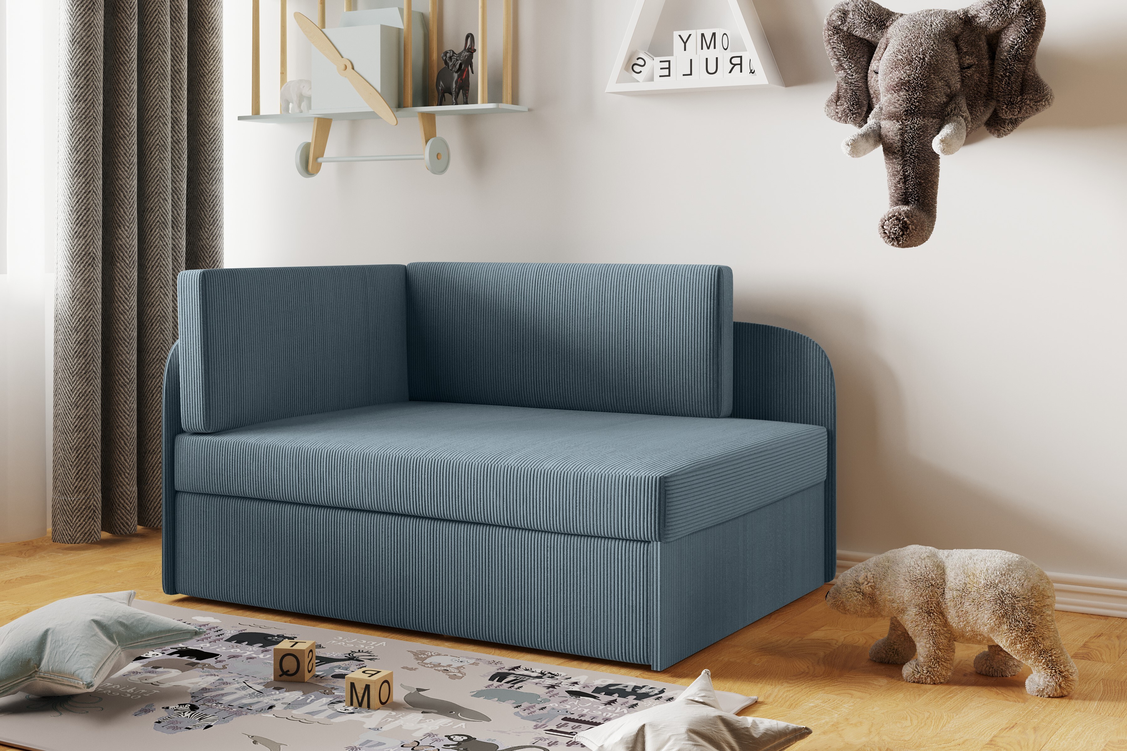 Kaiser Möbel Kinderbett Kindersofa mit schlaffinktion und bettkasten BETTY wachsendes Bett Links Blau