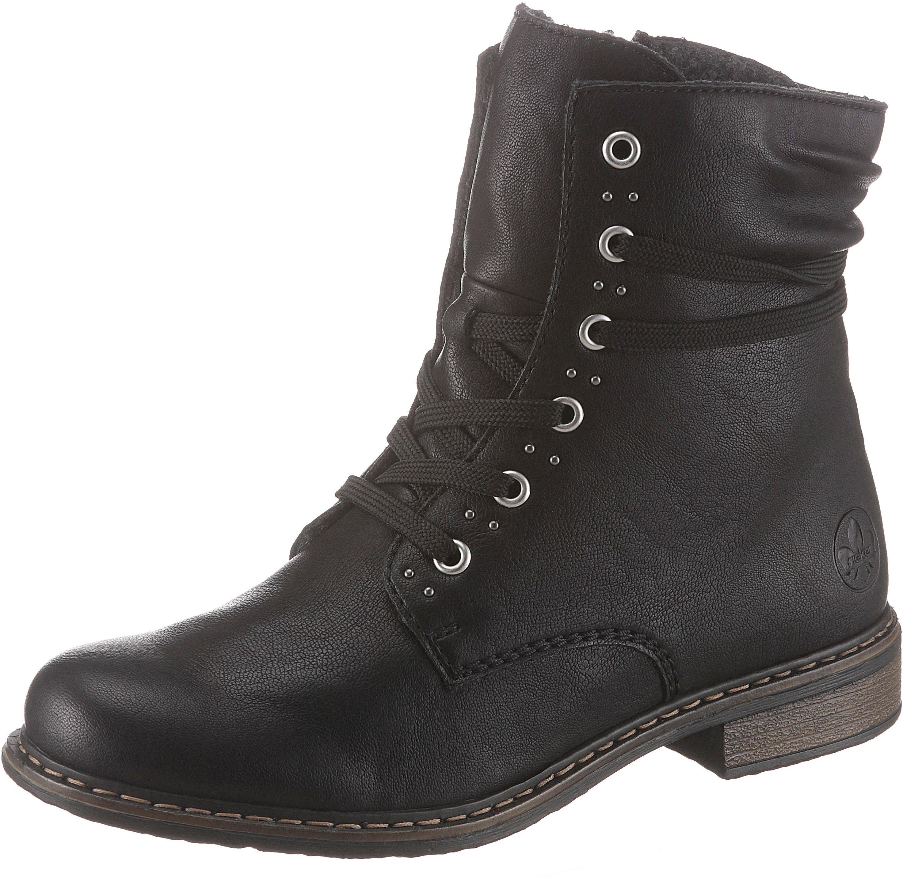 Schnürboots RIEKER, Damen, Gr. 36, wärmend, schwarz, Lederimitat, Schuhe Schnürboots, Winterboots, Blockabsatz, Stiefelette mit dezenter Nietenverzierung