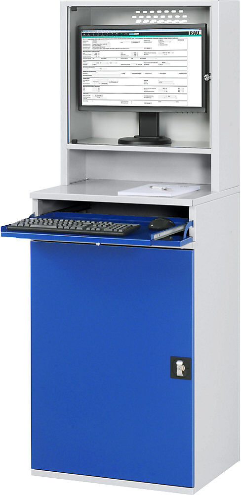 Computer-Arbeitsstation, Monitorgehäuse, 2 Ausziehböden, Breite 650 mm, lichtgrau / enzianblau RAU