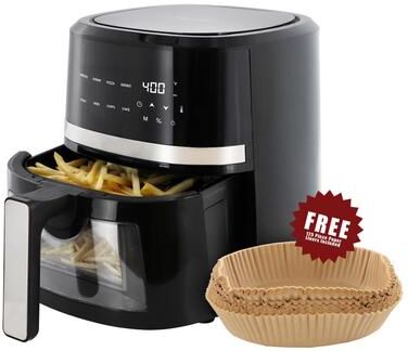 MegaChef 4 Quart Digital LED Display Electric Air Fryer with Transparent Window in Black with 125 Piece Paper Liners