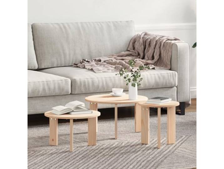 HEFZGDB Couchtisch 3-teilig aus Massivkiefer Natürliches Finish 47,5 x 47,5 x 27 cm Runder Wohnzimmertisch mit Rustikalem Stil und Kratzfester Oberfläche für Stabilität