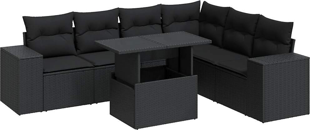 Gartenmöbel-Set, modular, 7-teilig, Poly Rattan & Stahl, Schwarz, mit Stauraum, wasserfestem Beutel, höhenverstellbarem Esstisch