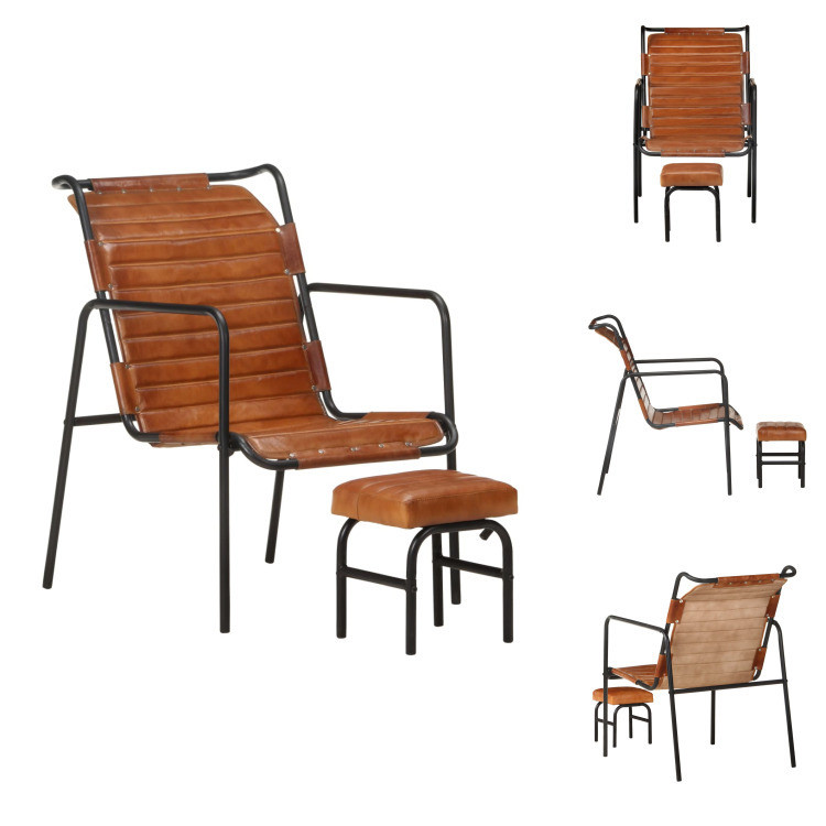 vidaXL Relaxfauteuil met voetenbankje, bruin, echt leer, vintage stijl
