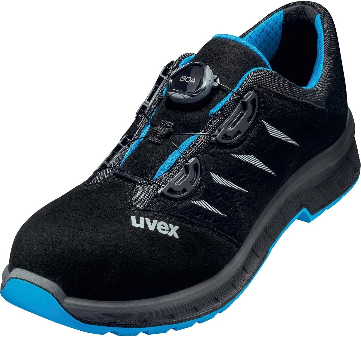 Sicherheitsschuh UVEX "2 trend gelochter Halbschuh" Gr. 44, schwarz (schwarz, blau), 44, Obermaterial: 100% Textilmaterial TEXMAT., Schuhe, Sicherheitsschuh
