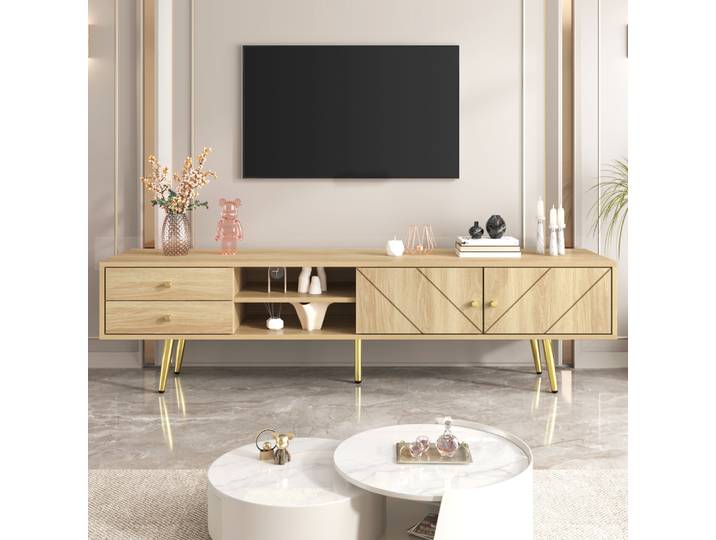 Meuble TV 160 cm avec pieds dorés – 2 tiroirs et portes spécialement conçues Stockage pratique pour appareils multimédia/somdies